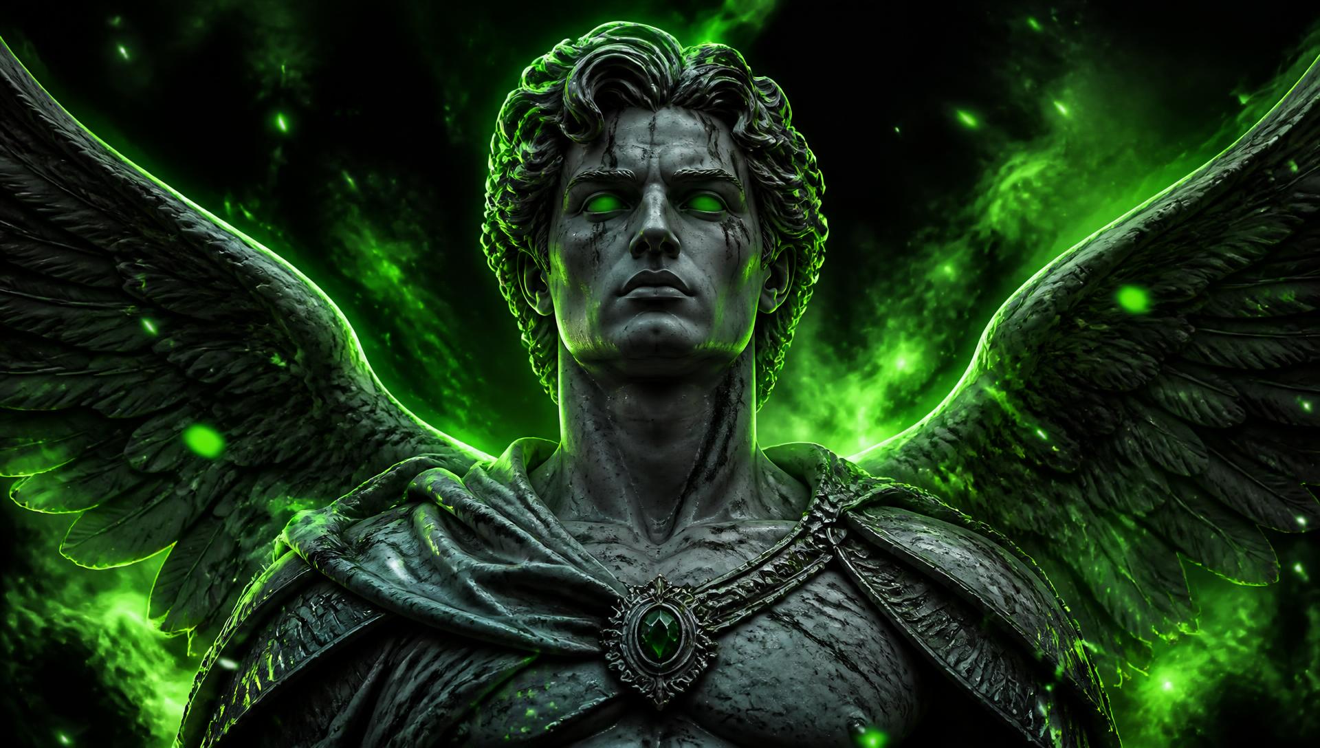 Estátua alada com energia verde neon, identidade visual do canal GBSS11_
